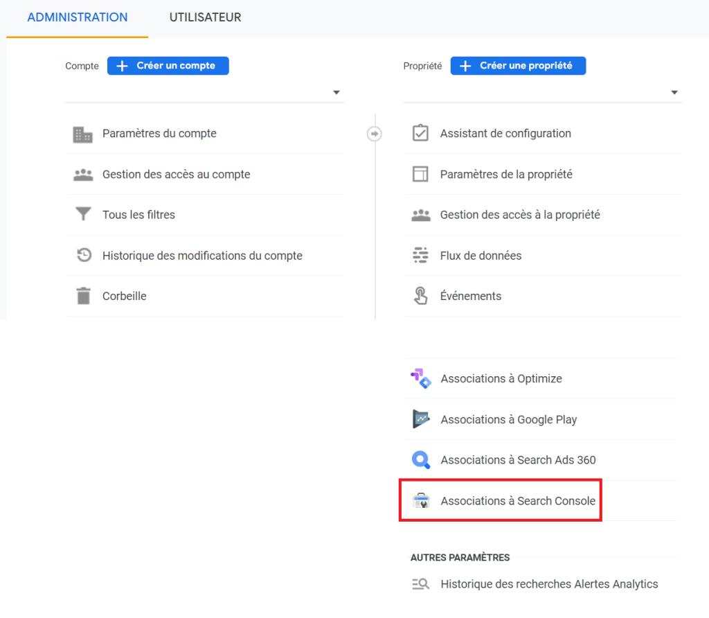 Propriété Google Analytics associer à Search Console