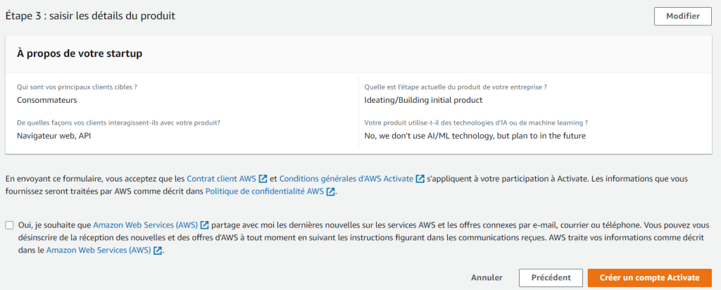 Formulaire AWS Activate 4